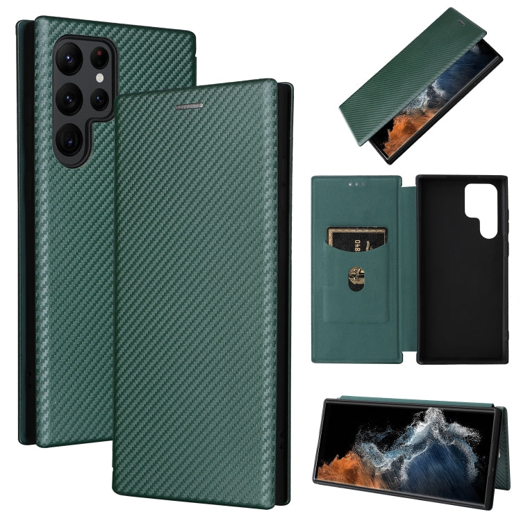 Carbon Fiber Texture Horizontal Flip Leather Phone Case for Samsung Galaxy S22 Ultra 5G in Green