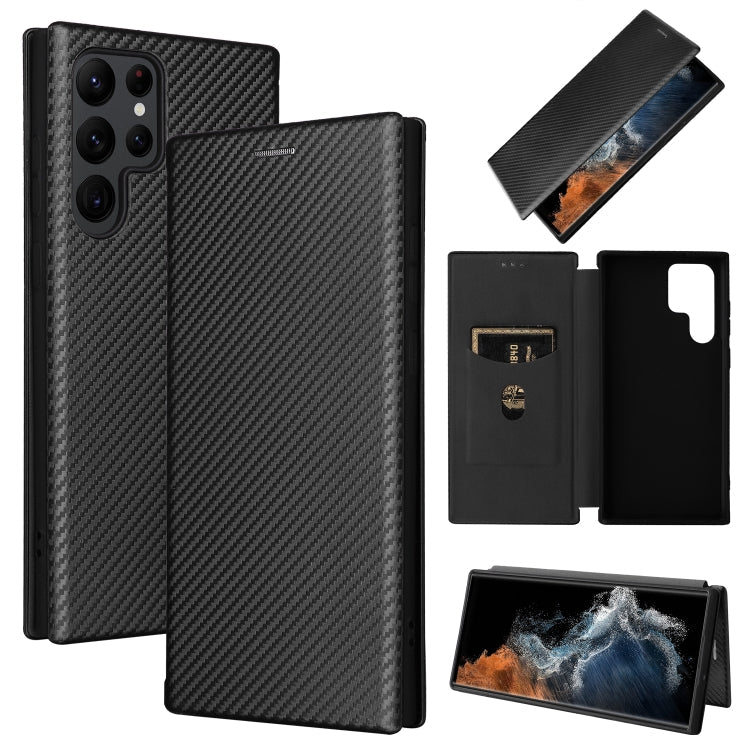 Carbon Fiber Texture Horizontal Flip Leather Phone Case for Samsung Galaxy S22 Ultra 5G - Black