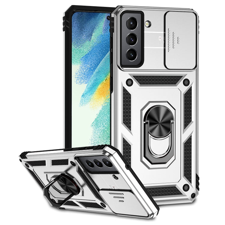 Silver Sliding Camshield Holder Phone Case for Samsung Galaxy S21 FE 5G