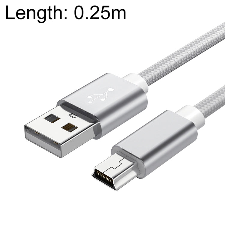 Mini USB to USB A Woven Data/Charge Cable 5 PCS for MP3, Camera, Car DVR, 0.25m Length (Silver)
