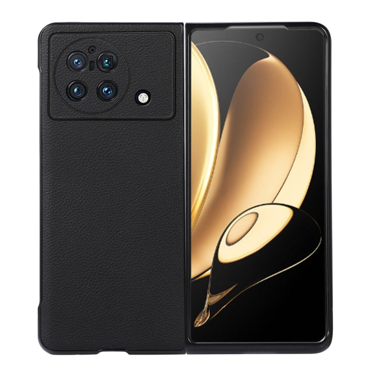Genuine Leather Phone Case for vivo X Fold in Black Litchi Texture with Accurate Hole