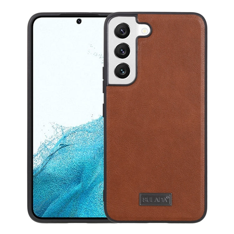 SULADA Shockproof TPU + Handmade Leather Phone Case for Samsung Galaxy S22 5G (Brown)