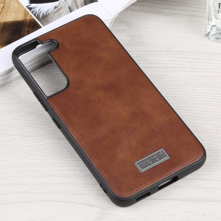 SULADA Shockproof TPU + Handmade Leather Phone Case for Samsung Galaxy S22 5G (Brown)