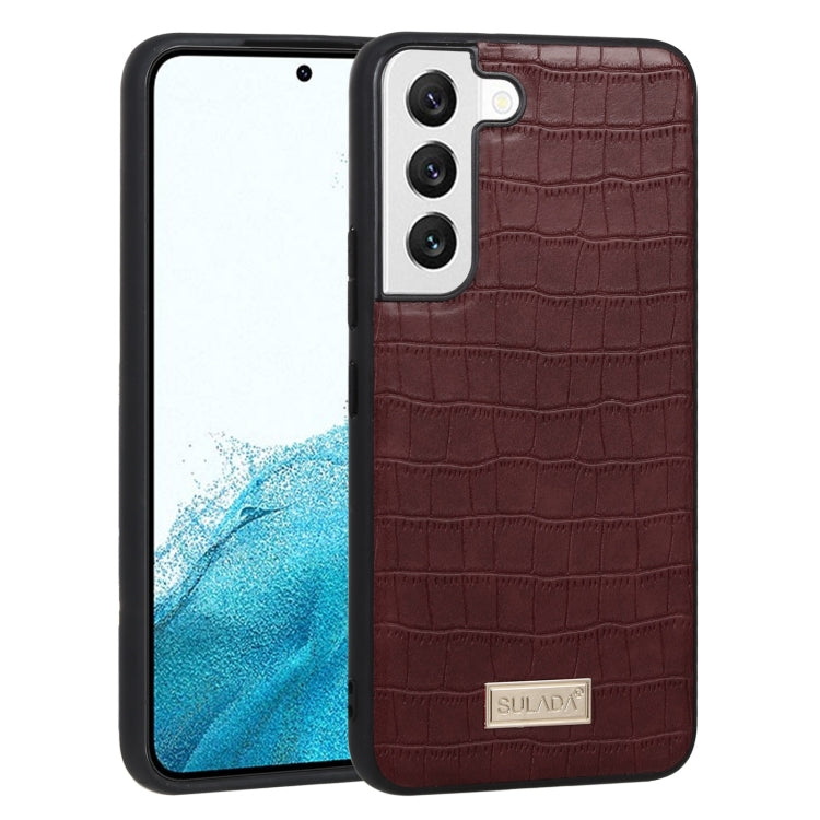 SULADA Shockproof TPU + Handmade Leather Phone Case for Samsung Galaxy S22 5G (Brown)