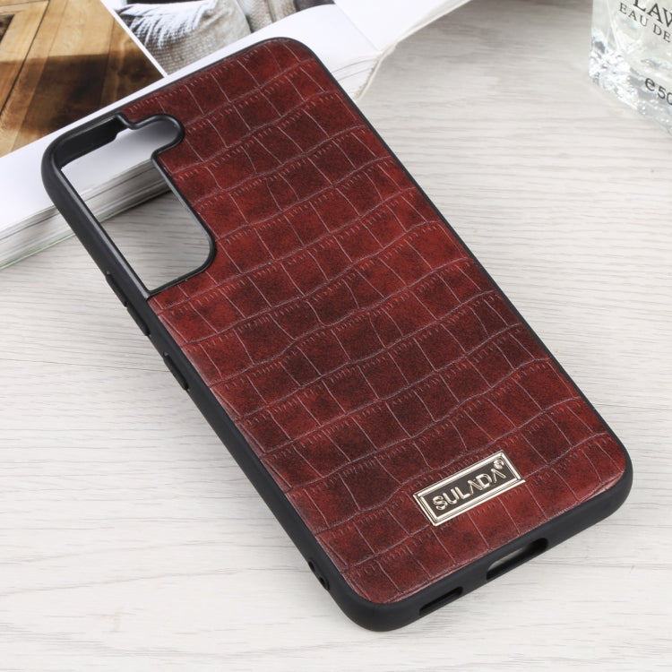 SULADA Shockproof TPU + Handmade Leather Phone Case for Samsung Galaxy S22 5G (Brown)