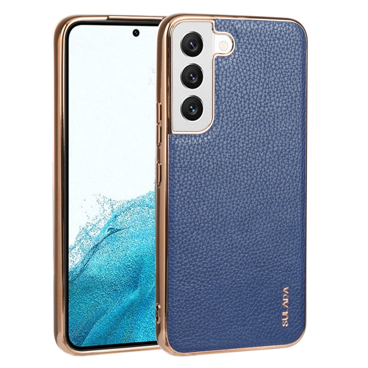 SULADA Shockproof TPU + Handmade Leather Phone Case for Samsung Galaxy S22 5G (Blue)