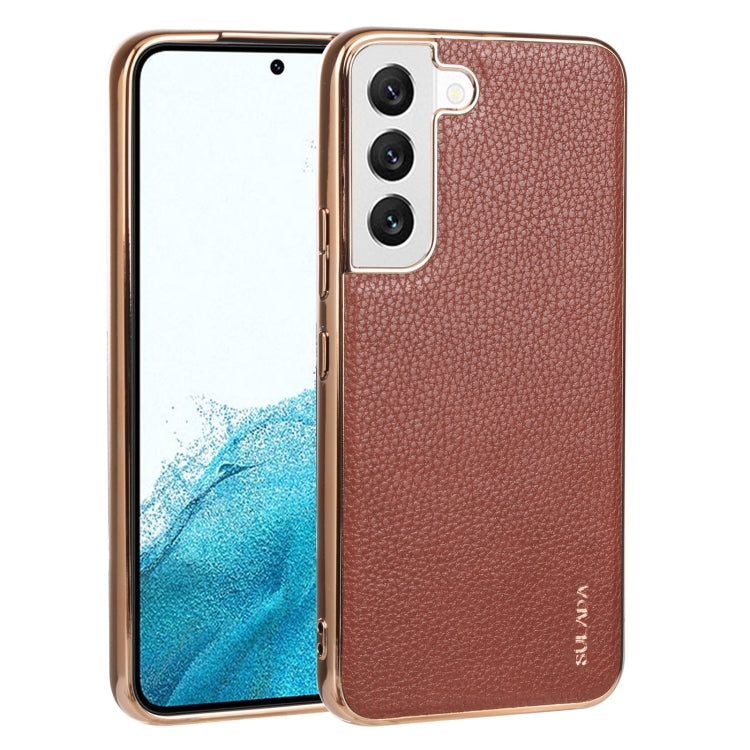 SULADA Shockproof TPU + Handmade Leather Phone Case for Samsung Galaxy S22 5G (Brown)