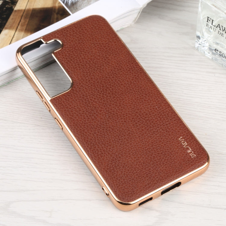 SULADA Shockproof TPU + Handmade Leather Phone Case for Samsung Galaxy S22 5G (Brown)