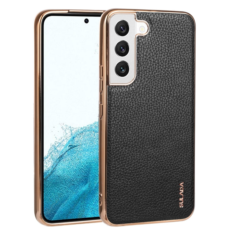 Shockproof TPU + Handmade Leather Phone Case for Samsung Galaxy S22 5G (Black)