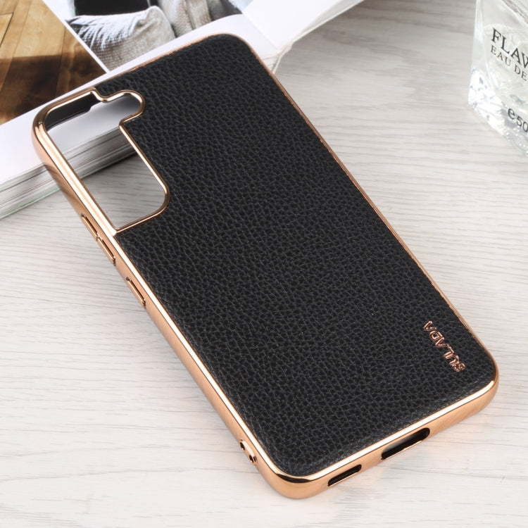 Shockproof TPU + Handmade Leather Phone Case for Samsung Galaxy S22 5G (Black)