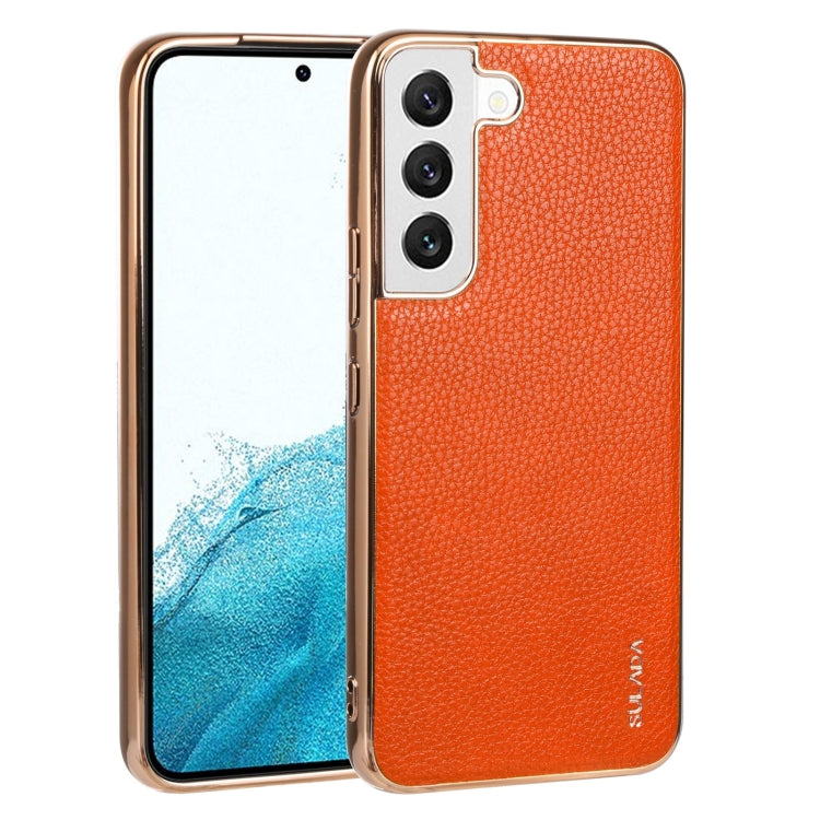SULADA Shockproof TPU + Handmade Leather Phone Case for Samsung Galaxy S22 5G (Orange)