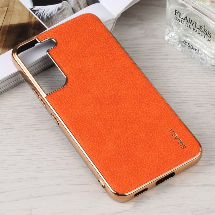 SULADA Shockproof TPU + Handmade Leather Phone Case for Samsung Galaxy S22 5G (Orange)