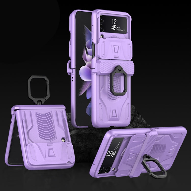 GKK Sliding Camshield Magnetic Armor Flip Phone Case with Ring Holder for Samsung Galaxy Z Flip3 5G (Purple)
