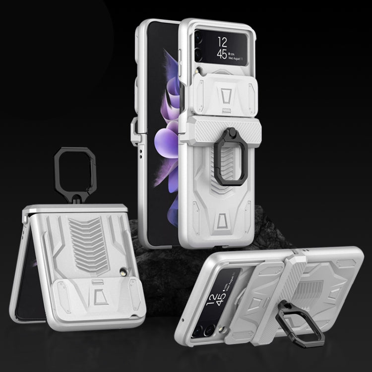 Samsung Galaxy Z Flip3 5G GKK Sliding Camshield Magnetic Armor Flip Phone Case with Ring Holder (Silver)