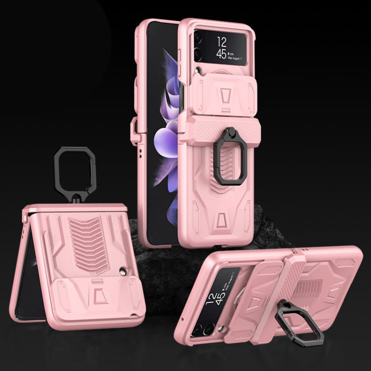 Sliding Camshield Magnetic Armor Flip Phone Case with Ring Holder for Samsung Galaxy Z Flip3 5G (Sweet Pink)