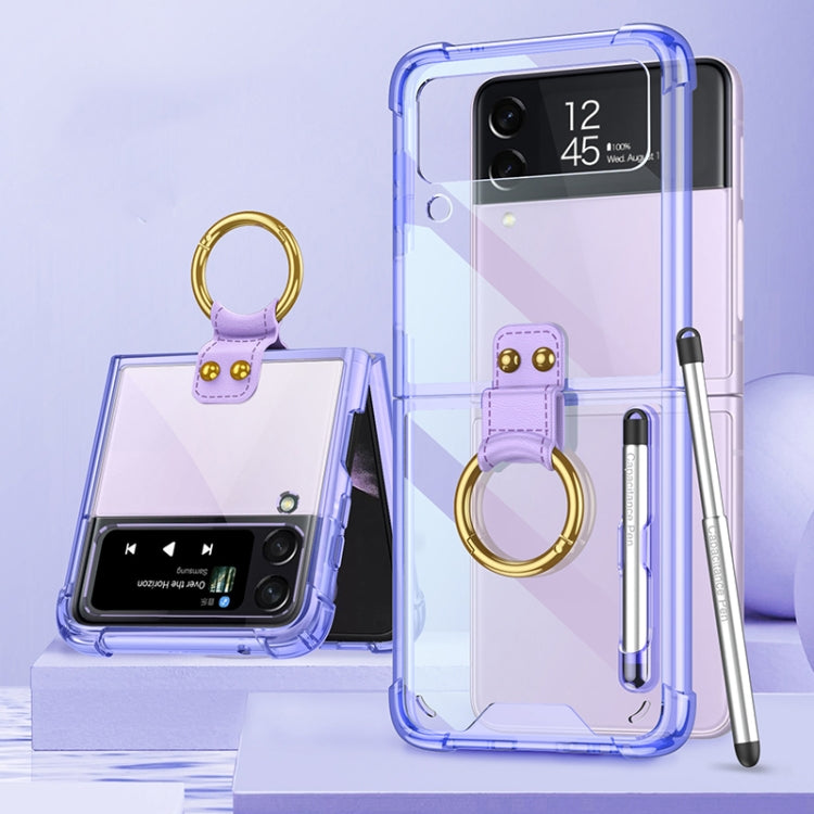 Samsung Galaxy Z Flip3 5G Transparent Purple Shockproof Phone Case with Ring Holder & Stylus Pen