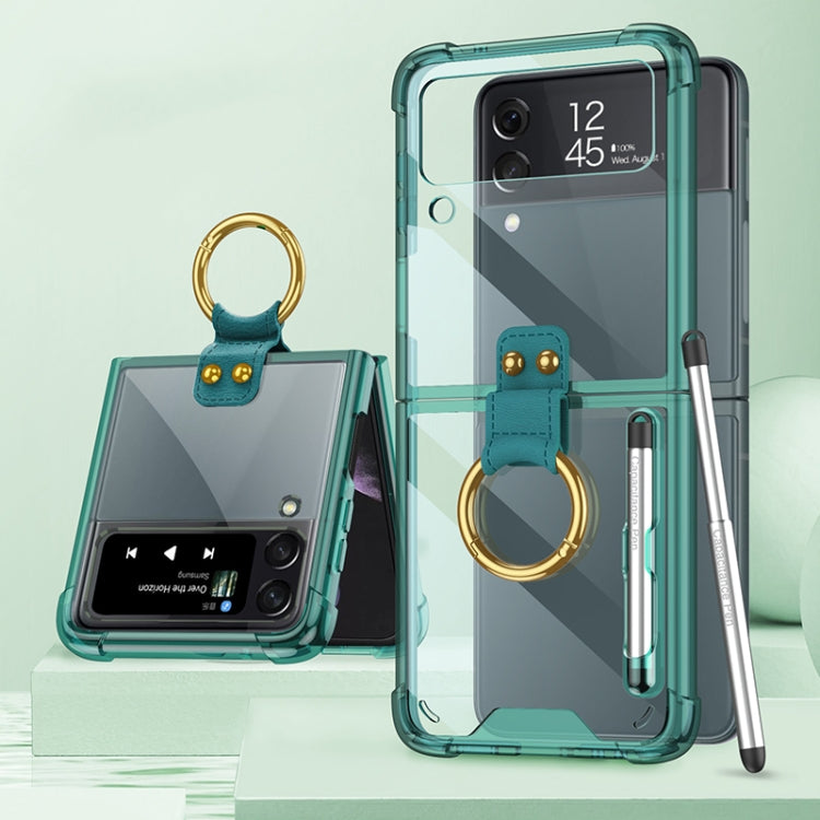 Samsung Galaxy Z Flip3 5G Shockproof Airbag Phone Case with Ring Holder & Stylus Pen (Transparent Green)