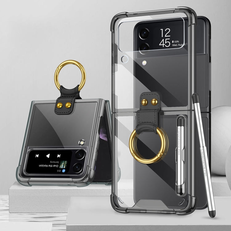 GKK Shockproof Airbag Phone Case with Ring Holder & Stylus Pen for Samsung Galaxy Z Flip3 5G (Transparent Black)