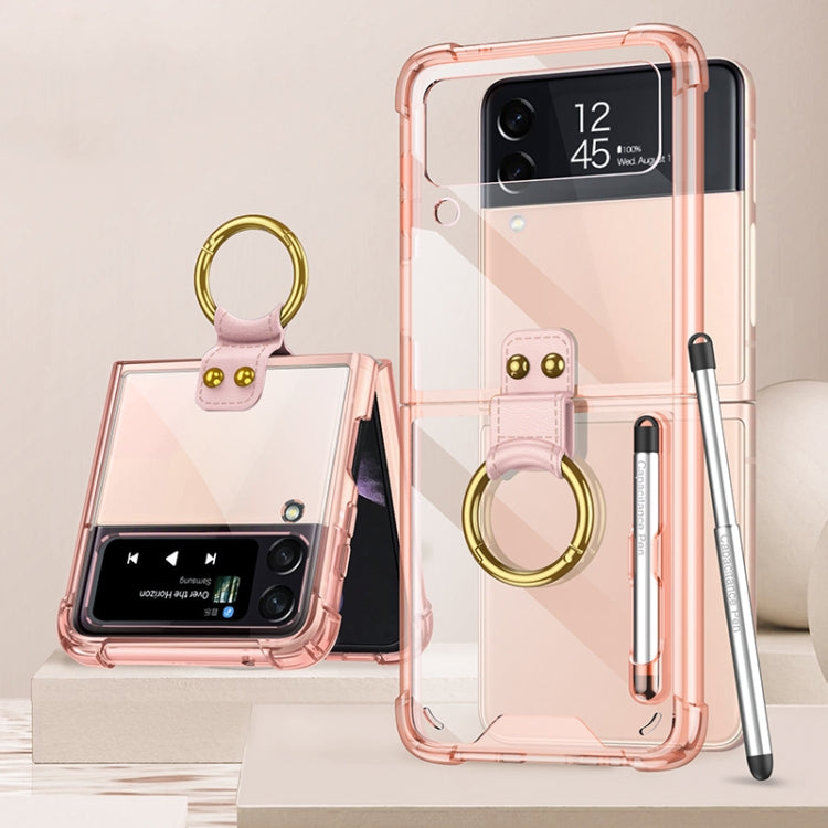 GKK Shockproof Airbag Phone Case for Samsung Galaxy Z Flip3 5G with Ring Holder & Stylus Pen (Transparent Pink)
