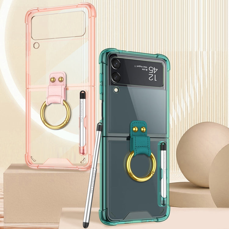 GKK Shockproof Airbag Phone Case for Samsung Galaxy Z Flip3 5G with Ring Holder & Stylus Pen (Transparent Pink)