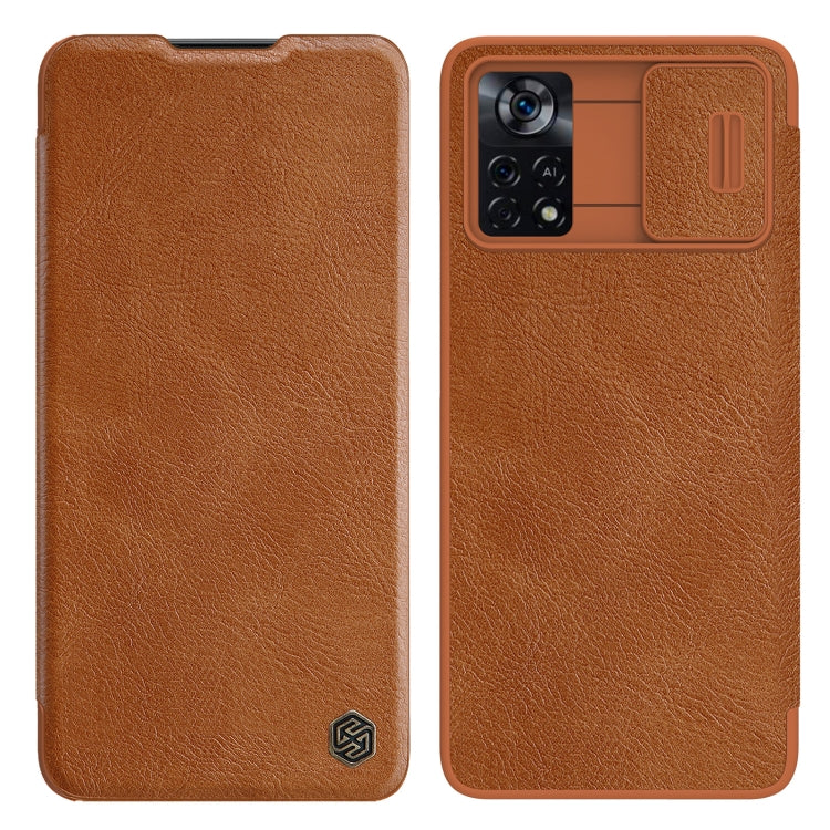 NILLKIN QIN Series Pro Sliding Camera Cover Leather Phone Case for Xiaomi Poco X4 Pro 5G (Brown)