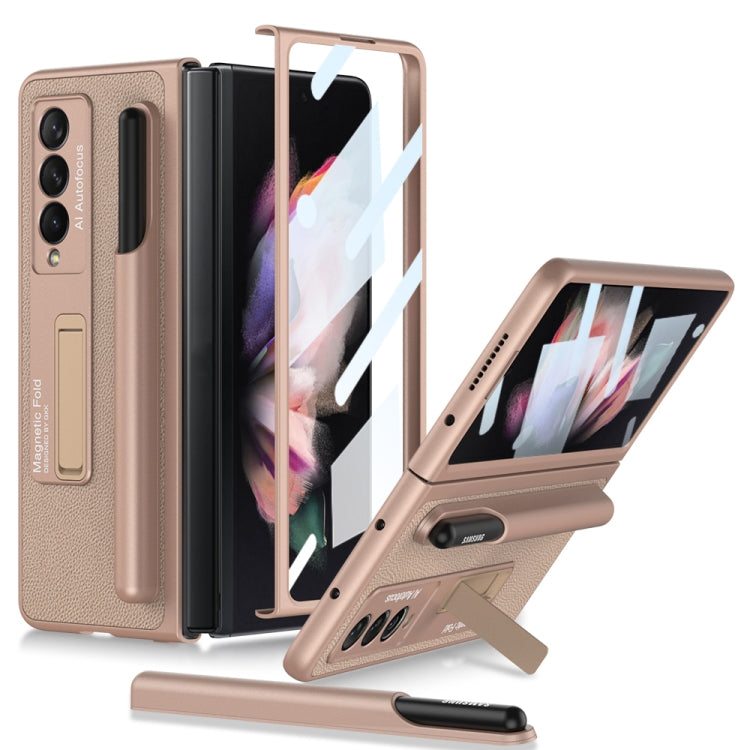 GKK Ultra-thin Shockproof Leather Case for Samsung Galaxy Z Fold3 5G with Holder & Pen Slots (Gold)