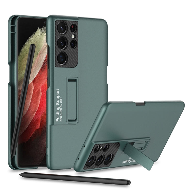 Forest Green GKK Ultra-thin Shockproof Phone Case for Samsung Galaxy S21 Ultra 5G with Holder & Pen Slots & Stylus Pen