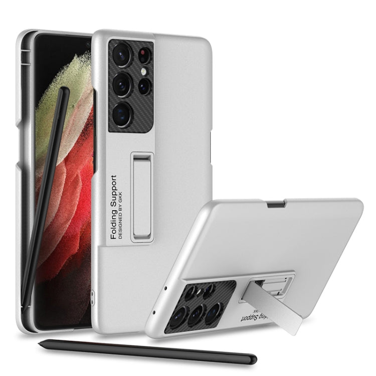 GKK Ultra-thin Shockproof Phone Case with Holder & Pen Slots for Samsung Galaxy S21 Ultra 5G (Silver)