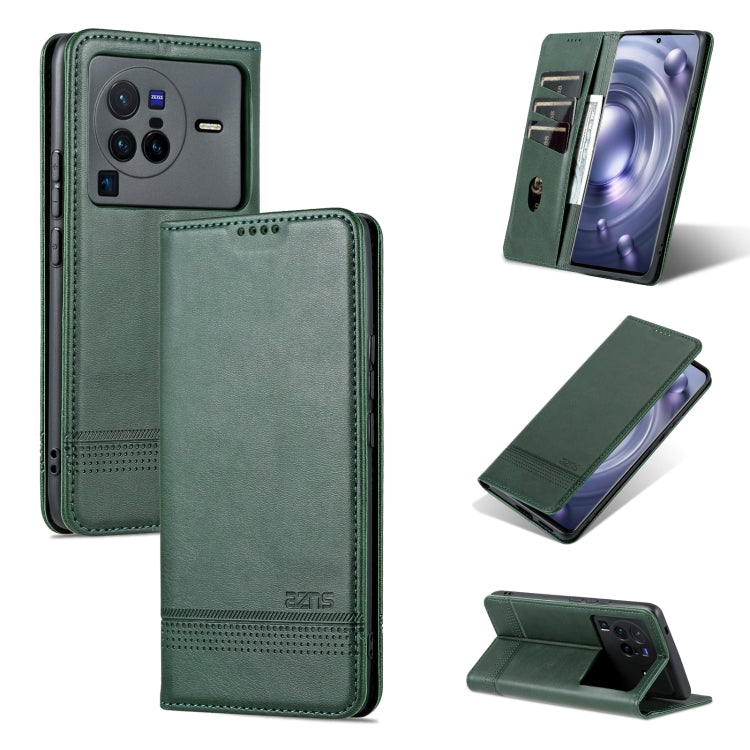 Dark Green AZNS Magnetic Calf Texture Leather Phone Case for vivo X80 Pro