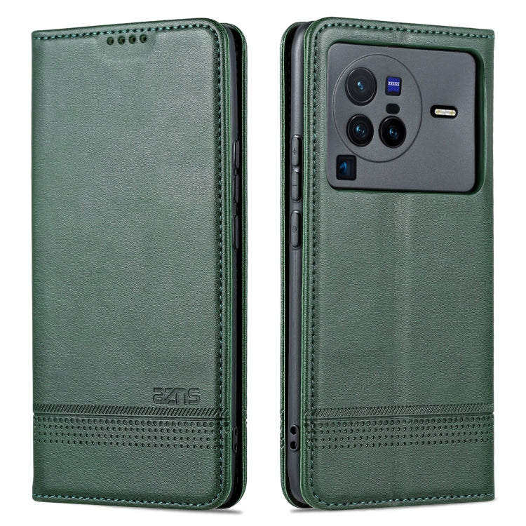 Dark Green AZNS Magnetic Calf Texture Leather Phone Case for vivo X80 Pro