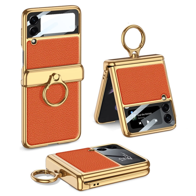 GKK Integrated Plating + Leather Flip Phone Case for Samsung Galaxy Z Flip3 5G in Burning Orange