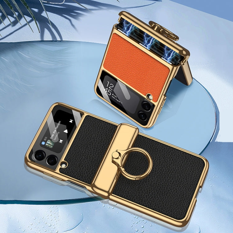 GKK Integrated Plating + Leather Flip Phone Case for Samsung Galaxy Z Flip3 5G in Burning Orange