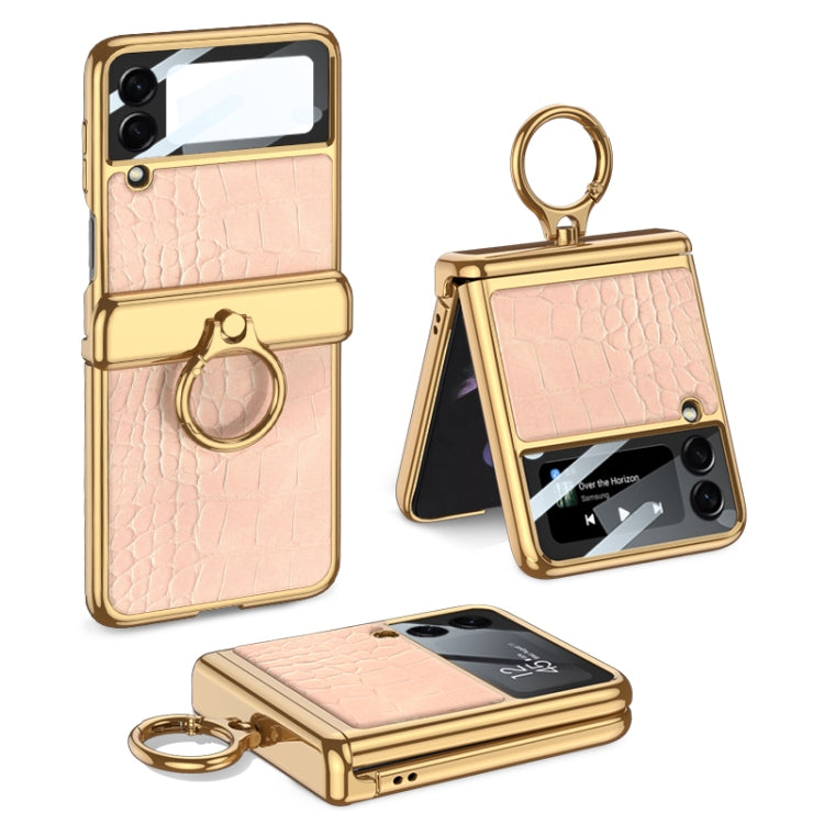 GKK Integrated Plating + Leather Flip Phone Case for Samsung Galaxy Z Flip3 5G (Crocodile Pink)