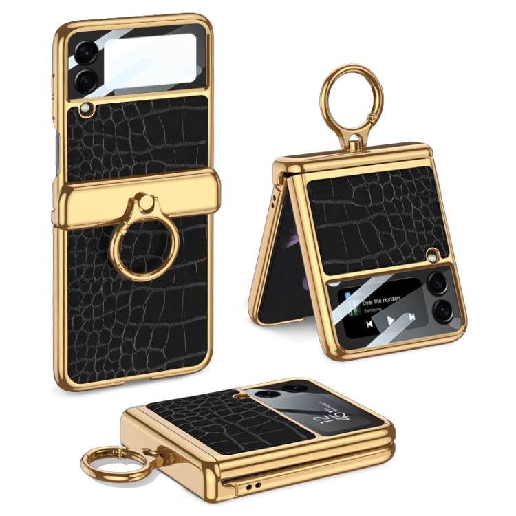GKK Integrated Plating + Leather Flip Phone Case for Samsung Galaxy Z Flip3 5G (Crocodile Black)