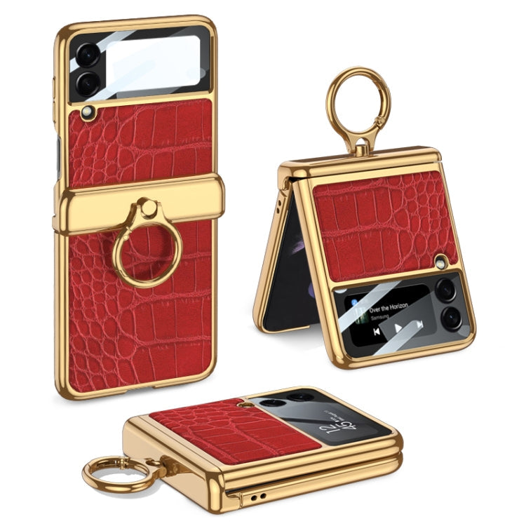 GKK Integrated Plating + Leather Flip Phone Case for Samsung Galaxy Z Flip3 5G (Crocodile Red)