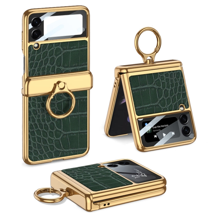 GKK Integrated Plating + Leather Flip Phone Case for Samsung Galaxy Z Flip3 5G (Crocodile Green)