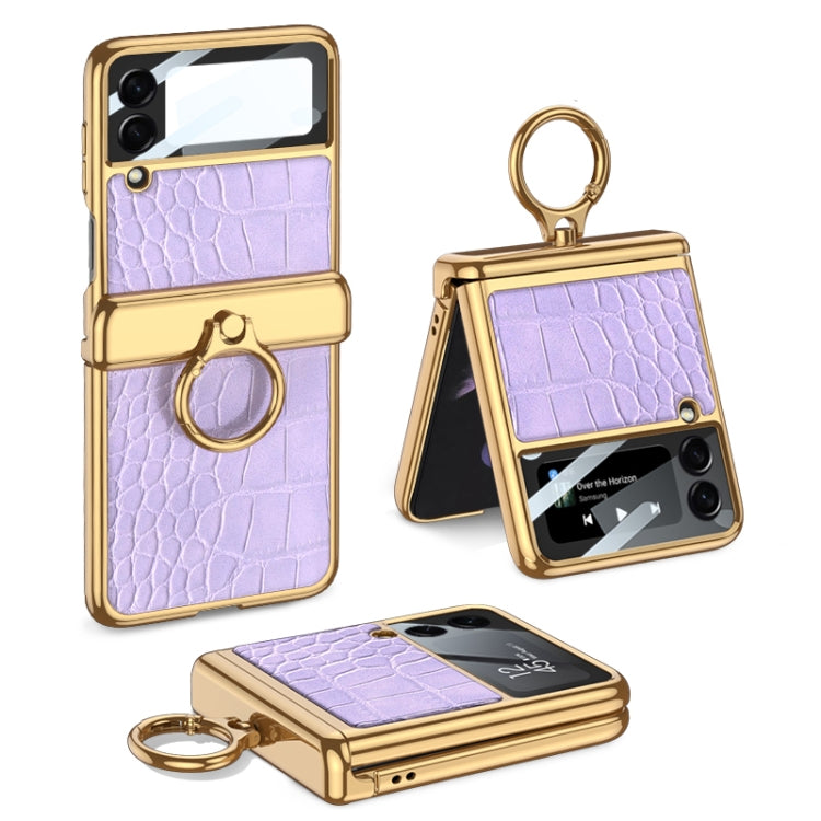 GKK Integrated Plating + Leather Flip Phone Case for Samsung Galaxy Z Flip3 5G (Crocodile Purple)