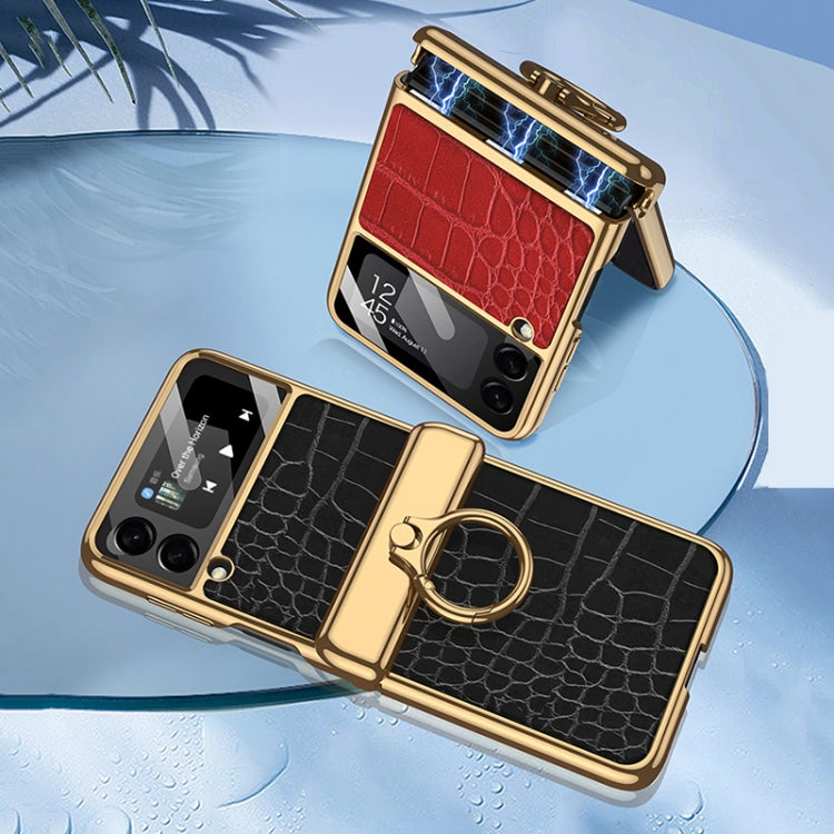 GKK Integrated Plating + Leather Flip Phone Case for Samsung Galaxy Z Flip3 5G (Crocodile Red)