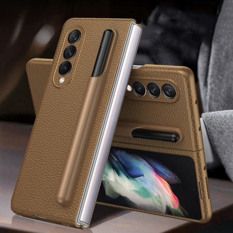 GKK Ultra-thin Full Coverage Leather Phone Flip Case with Pen Holder for Samsung Galaxy Z Fold3 5G (Coffee Brown)