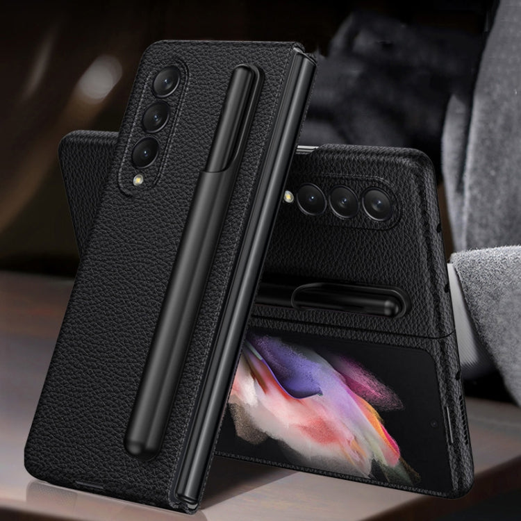 GKK Ultra-thin Full Coverage Leather Phone Flip Case for Samsung Galaxy Z Fold3 5G with Pen Holder(Black)
