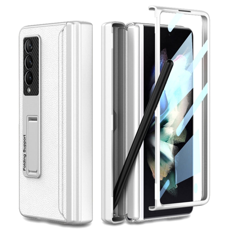 GKK Magnetic Hinge Plain Leather Phone Flip Case for Samsung Galaxy Z Fold3 5G with Pen Box(Silver)