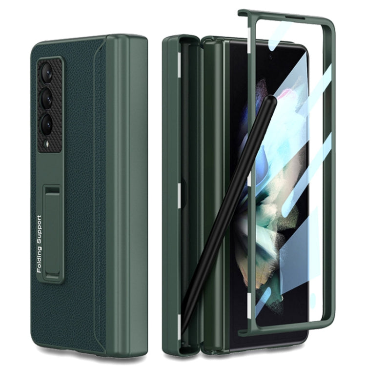 GKK Magnetic Hinge Plain Leather Phone Flip Case for Samsung Galaxy Z Fold3 5G with Pen Box (Dark Night Green)