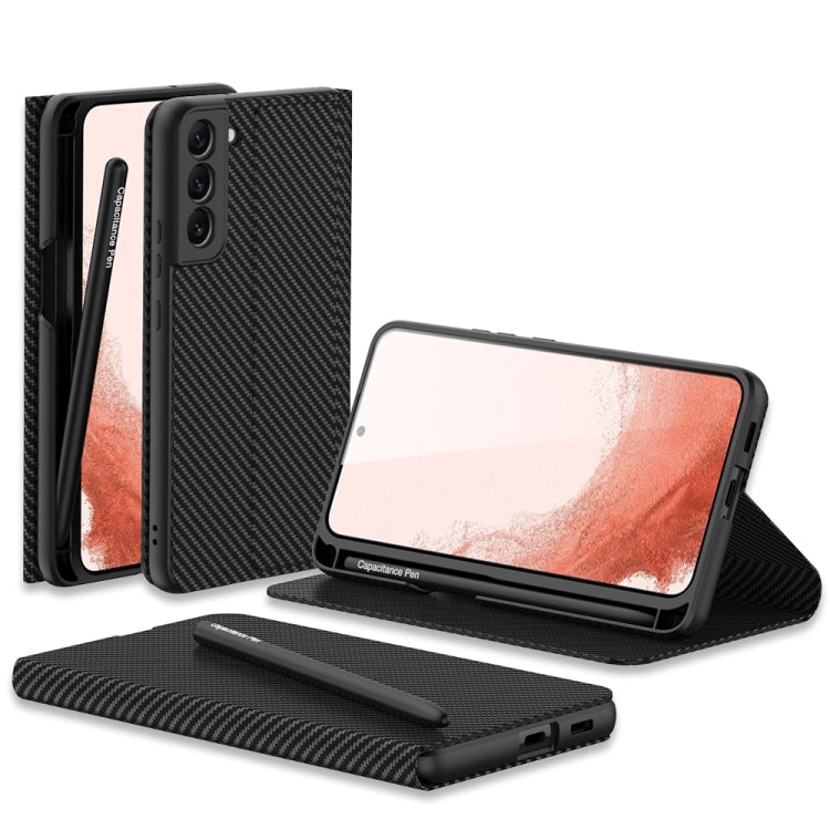 Samsung Galaxy S22 5G GKK Flip Leather Phone Case with Stylus Pen (Carbon Fiber Texture)