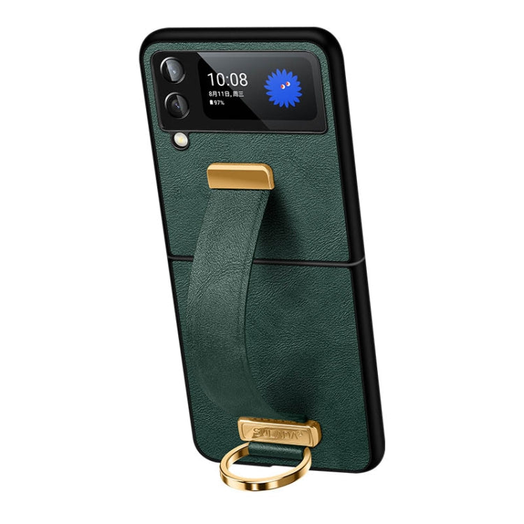 SULADA Green Leather Texture Phone Case for Samsung Galaxy Z Flip3 with Holder and Wrist Rest