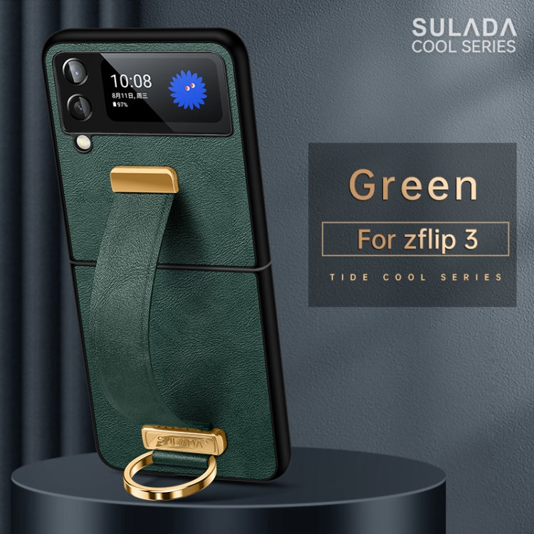 SULADA Green Leather Texture Phone Case for Samsung Galaxy Z Flip3 with Holder and Wrist Rest