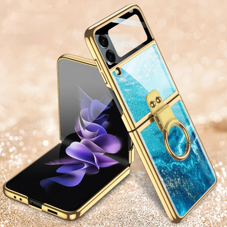 GKK Electroplating Tempered Glass Painted Phone Case with Ring Holder for Samsung Galaxy Z Flip3 5G (Fluid Blue)