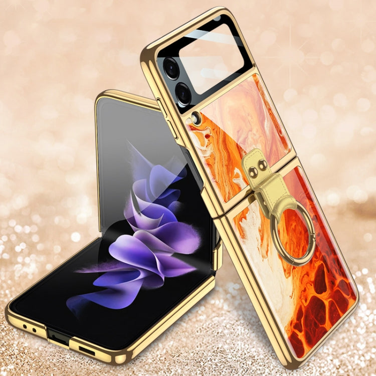 GKK Electroplating Tempered Glass Painted Phone Case with Ring Holder for Samsung Galaxy Z Flip3 5G (Agate Red)