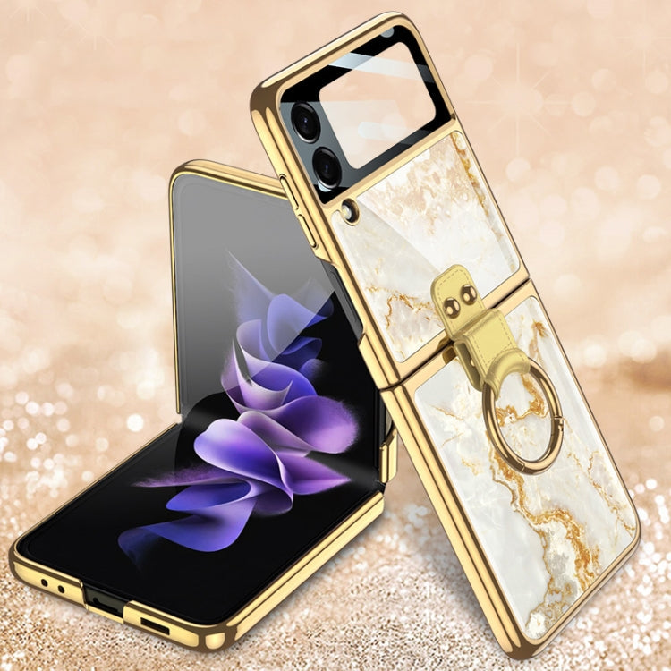 GKK Electroplating Tempered Glass Painted Phone Case for Samsung Galaxy Z Flip3 5G with Ring Holder (Gold Line Yellow)
