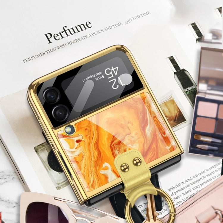 GKK Electroplating Tempered Glass Painted Phone Case for Samsung Galaxy Z Flip3 5G with Ring Holder (Gold Line Yellow)