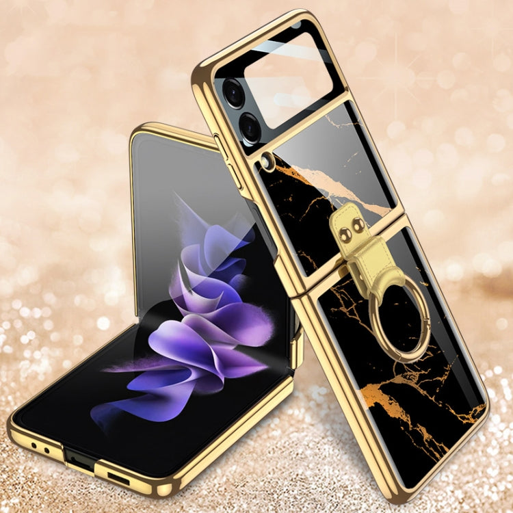 GKK Electroplating Tempered Glass Phone Case with Ring Holder for Samsung Galaxy Z Flip3 5G (Gold Line Black)